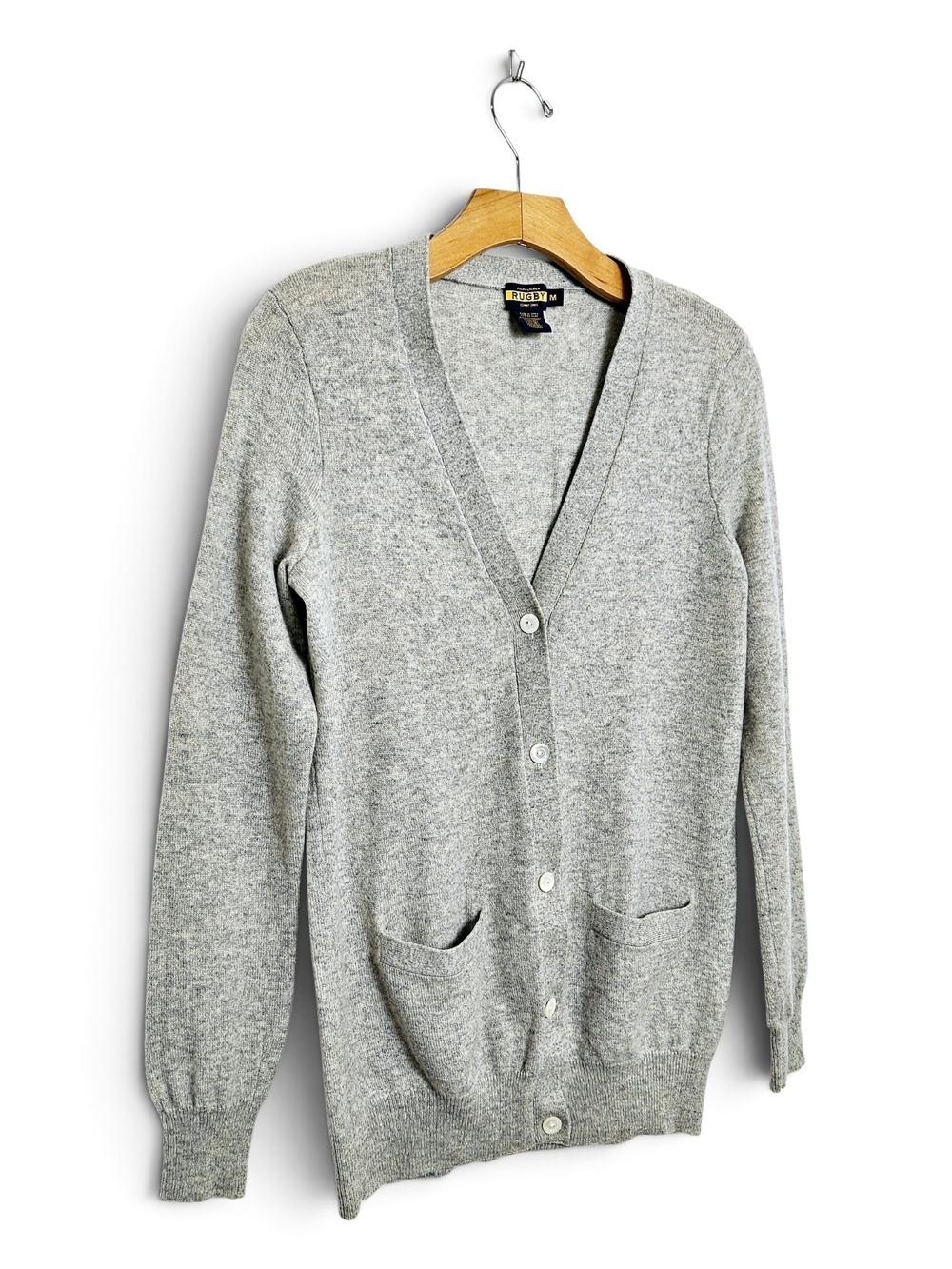 Vintage Rugby Ralph Lauren Cardigan M 100% Cashmere V-Neck Slim Fit Heather Gray